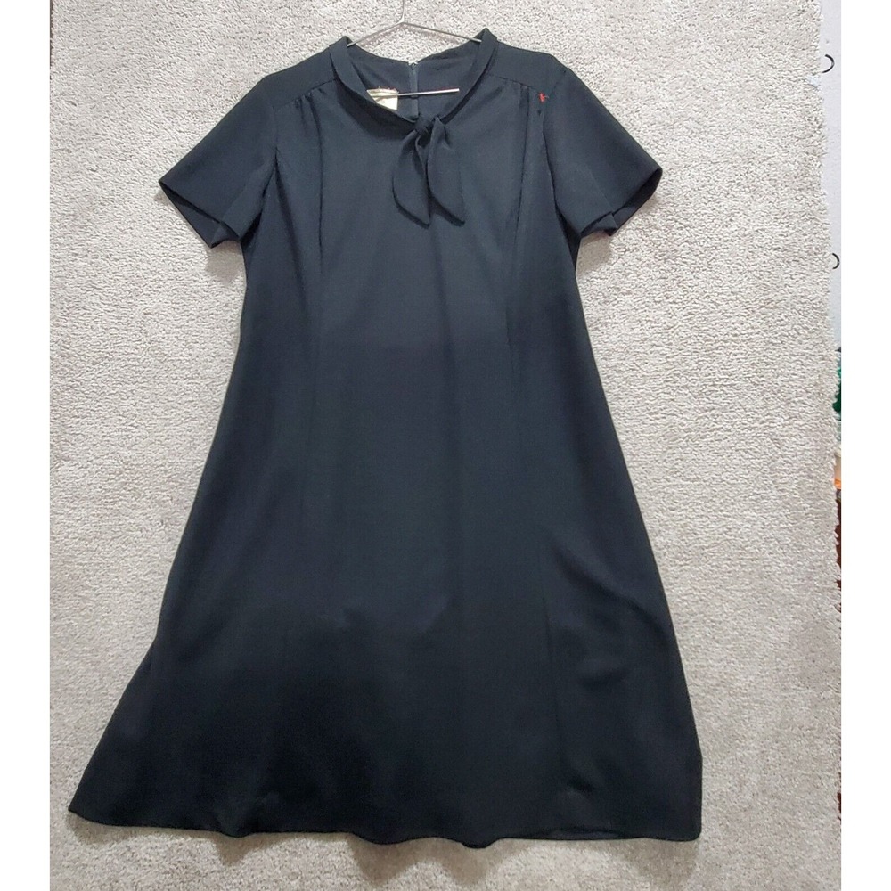 Vintage British Lady  Dress Womens 16.5 Black Tie Neck Short Sleeve Zipper Union
